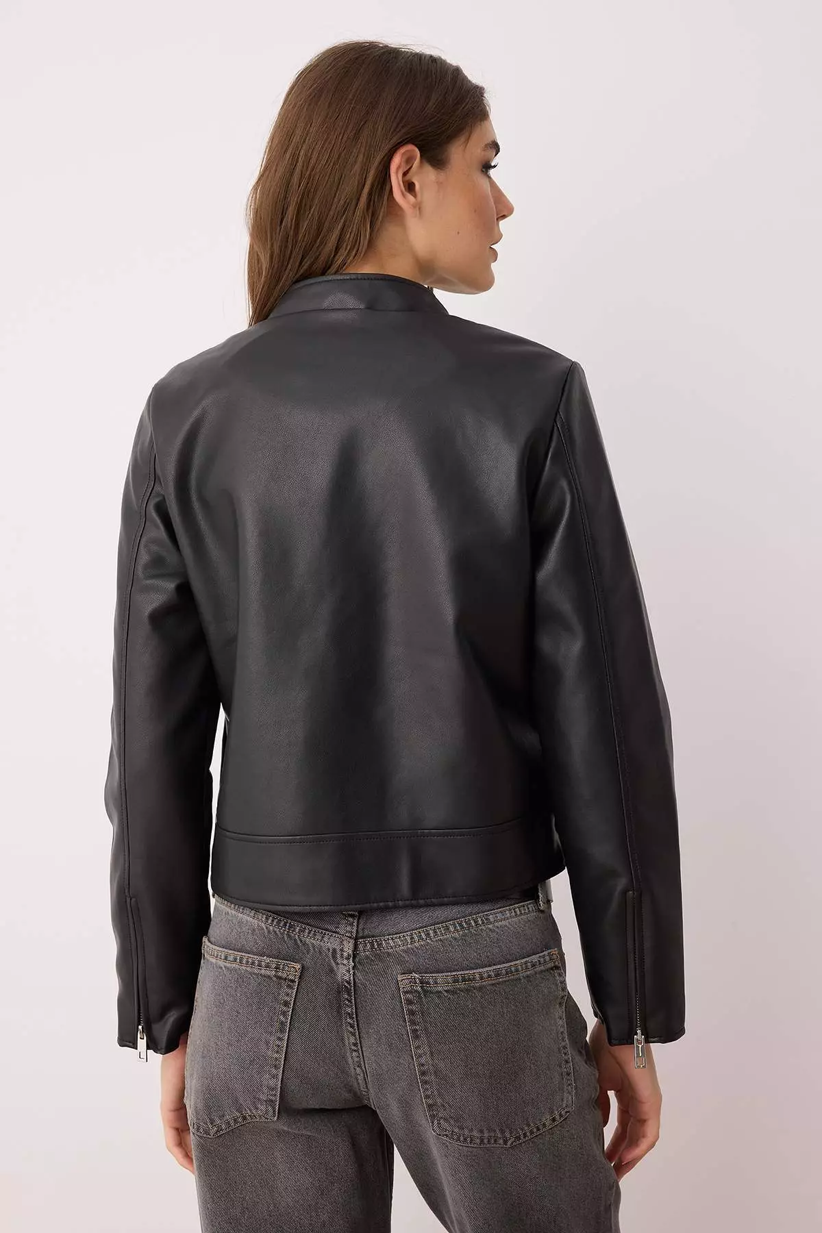 Black Fitted Mold Faux Leather Biker Slim Jacket Coats