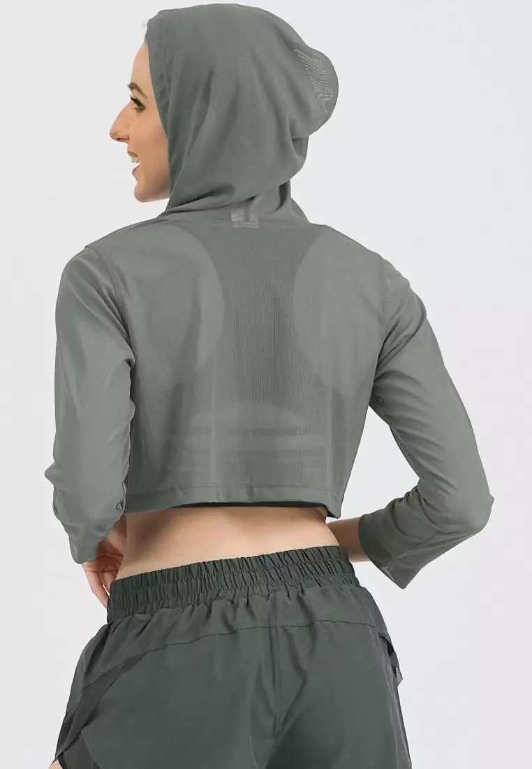 Fitwear - Croptop Jaring / Mesh / Sheer Olahraga BRENDA OUTER HOODIE LS CRP - GREY