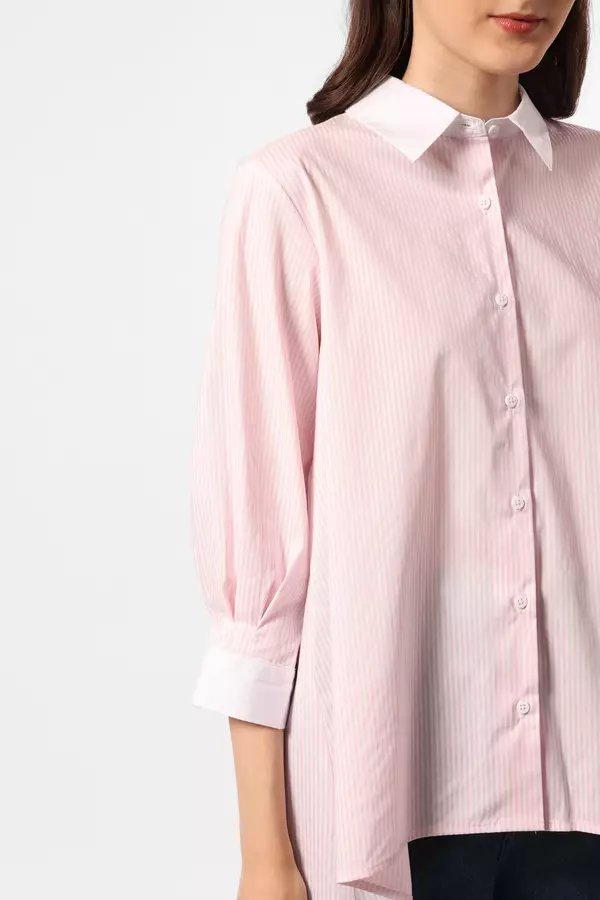 MINIMAL - Shania - Kemeja A Line Motif Garis - Pink Warna Pink