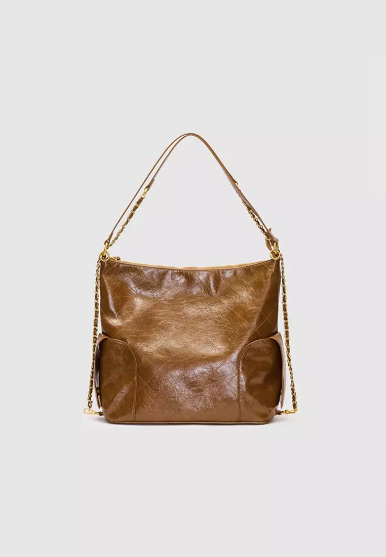 Pale Quilted Hobo Bag With Chain Strap