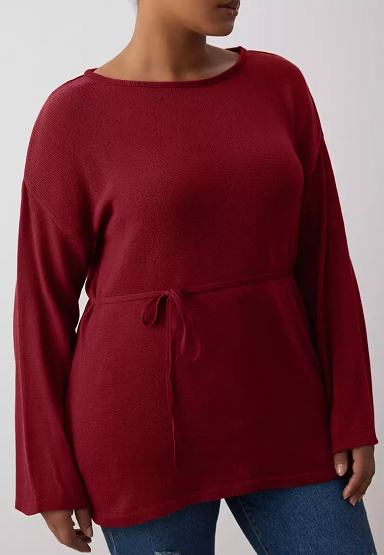Burgundy Boat Neck Waist Belted Slim Knitwear Sweater Tbbaw26An00036