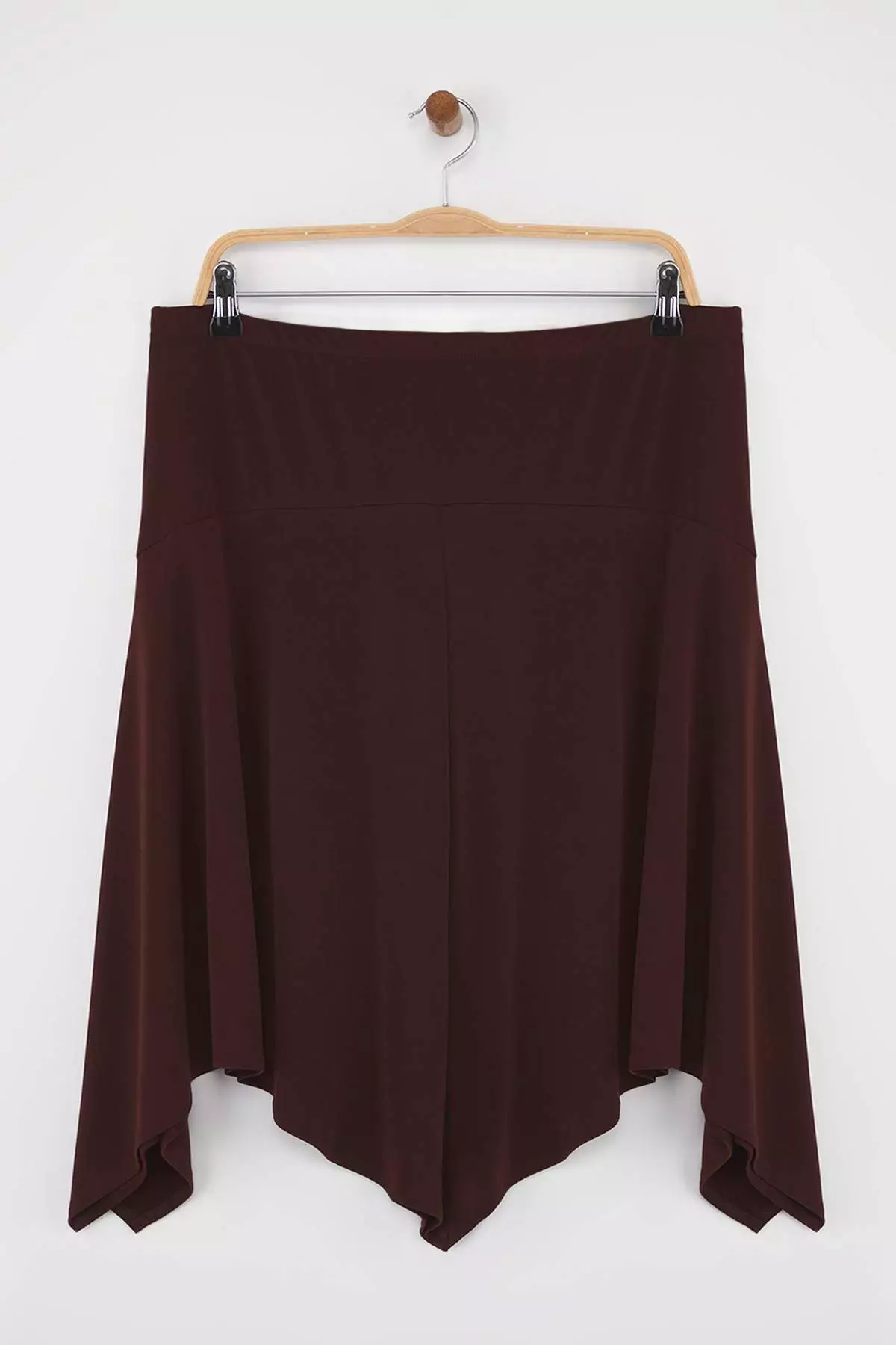 Brown Elastic Waist Skirt Asymmetrical Midi Knitted Plus Size Skirt