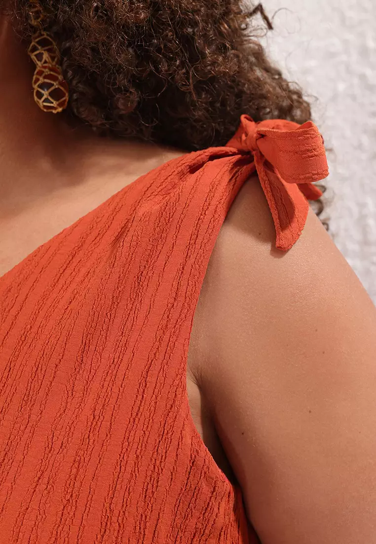 Red Bow Detail Crinkle Textured Fabric Plus Size Beach Dress TBBSS25AH00001