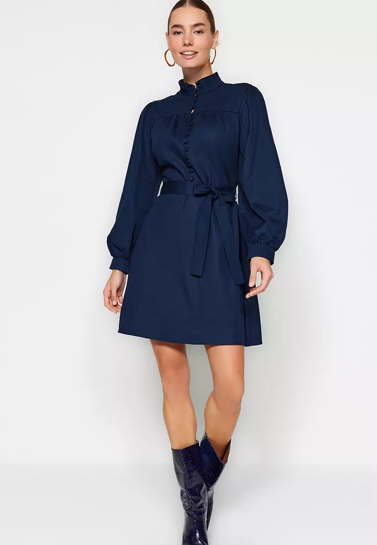 High Collar Woven Dress