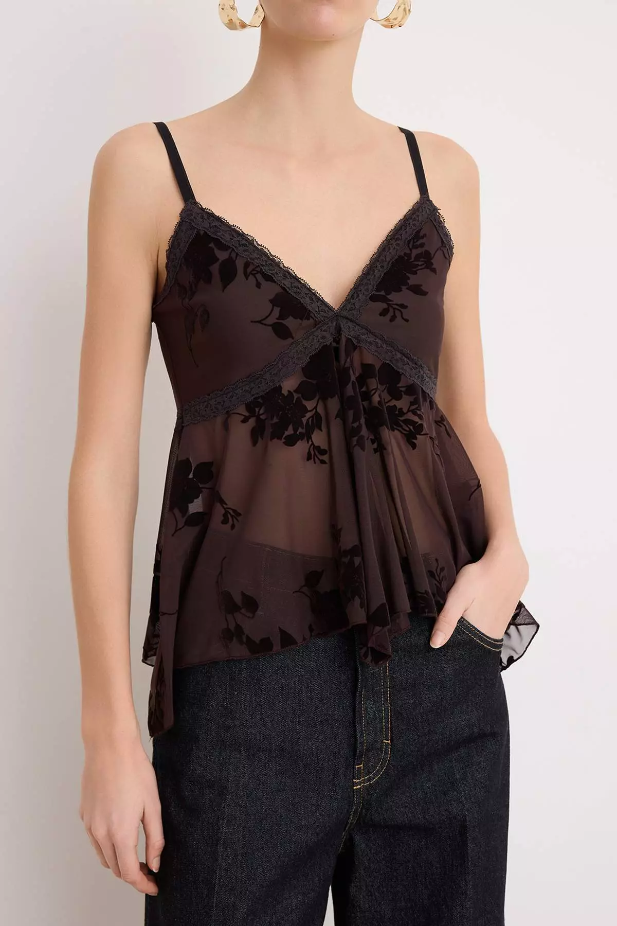 Brown Floral Tulle Party Blouse With Volan Detail Tpraw26Bz56