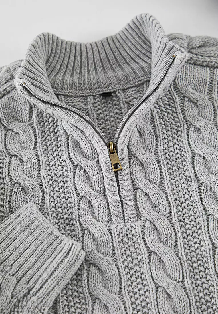 Grey Unisex Regular Fit Zippered Half Turtleneck Knit Sweater TMNAW21KZ0737