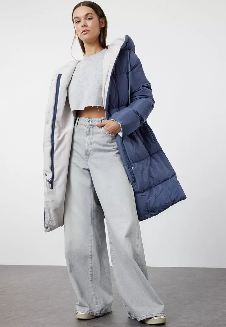 Grey-Blue Reversible Hooded Water Repellent Long Puffer Jacket TWOAW23MO00052