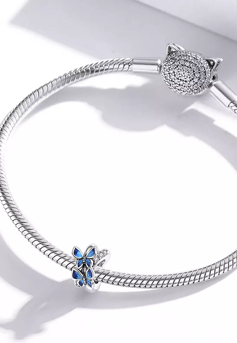 Solid 925 Sterling Silver Twin Blue Inlay Butterfly Charm