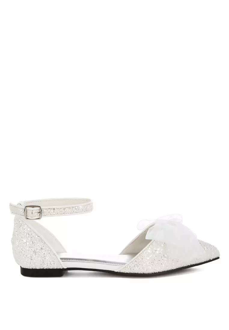 Sheer Bow Detail Glitter Flat Sandals in White