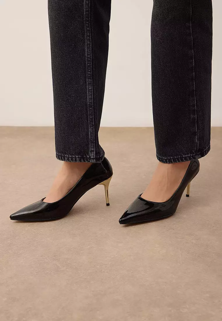 Patent Leather Pointed Toe Thin Gold Heeled Shoes