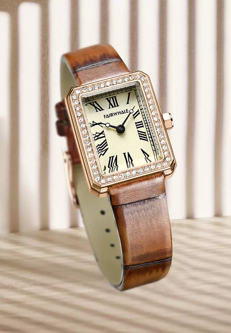 Ladies IP Rose Gold and Stainless Steel Quartz Watch, 23mm Watch Case Height, Brown Leather Strap