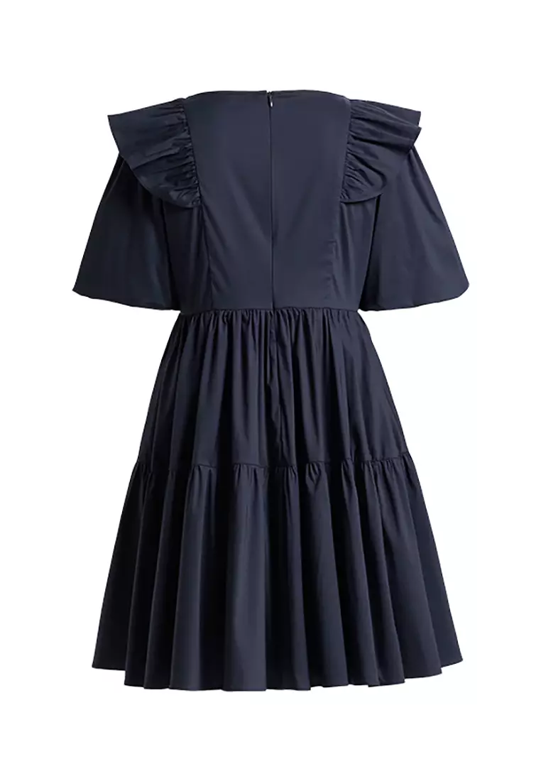 Puff Sleeve V-Neck Ruffled Collar Midi Dress