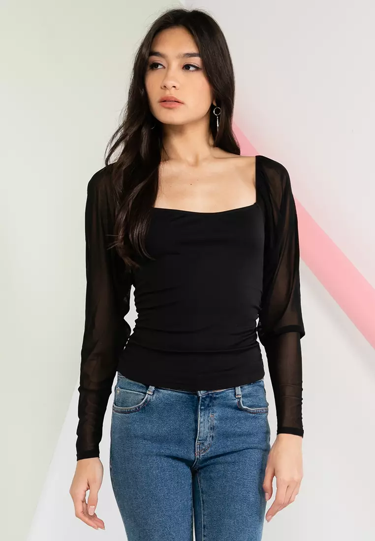 ASOS Sweetheart Neck Top With Mesh Sleeve in Black