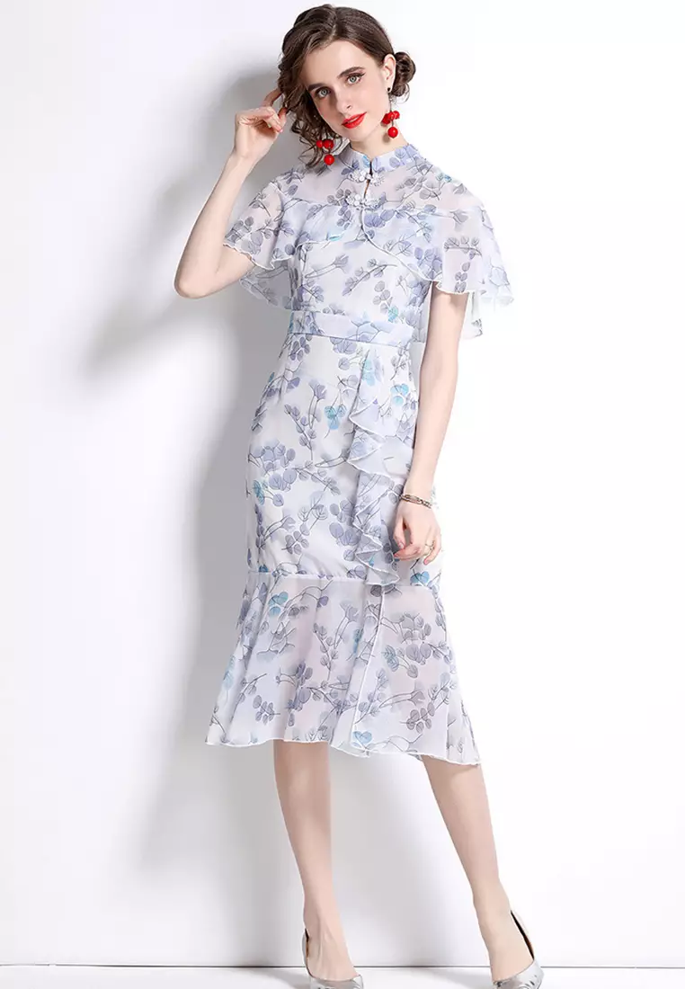Chinese Cheongsam Style Exquisite Flower Lotus Collar One-piece Dress A22102506