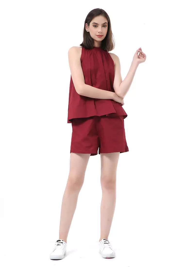 Nayra One Set Setelan Wanita Sleeveless Blouse with Short Pants Plain Motive Material Cotton ORIGINAL - Maroon