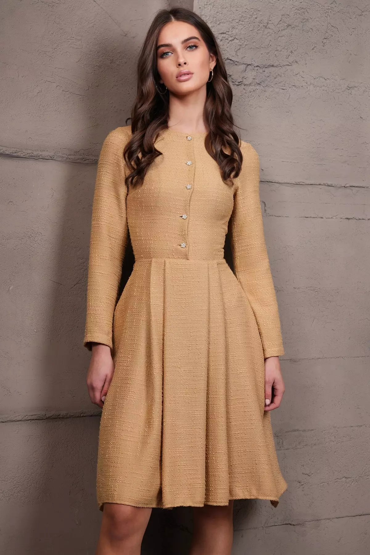 Women'S Dark Beige Pearl Button Skirt Pleated Midi Length Tweed Dress Alc-X14981