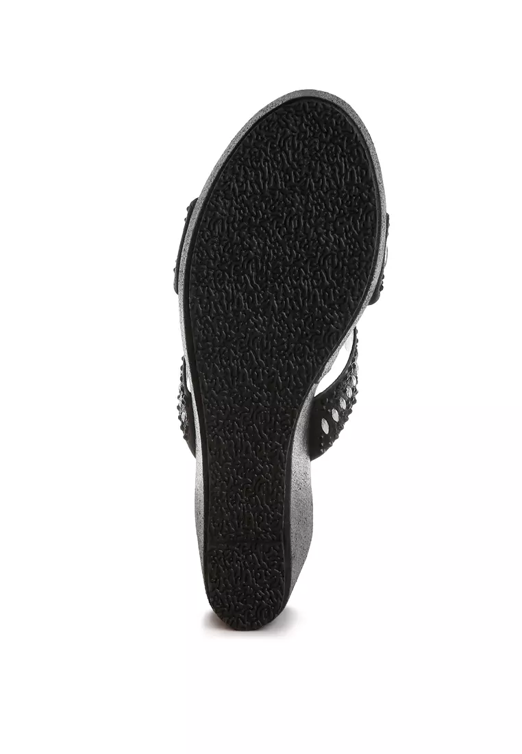 Diamante & Rhinestone Detail Cut-Out Sandals in Black