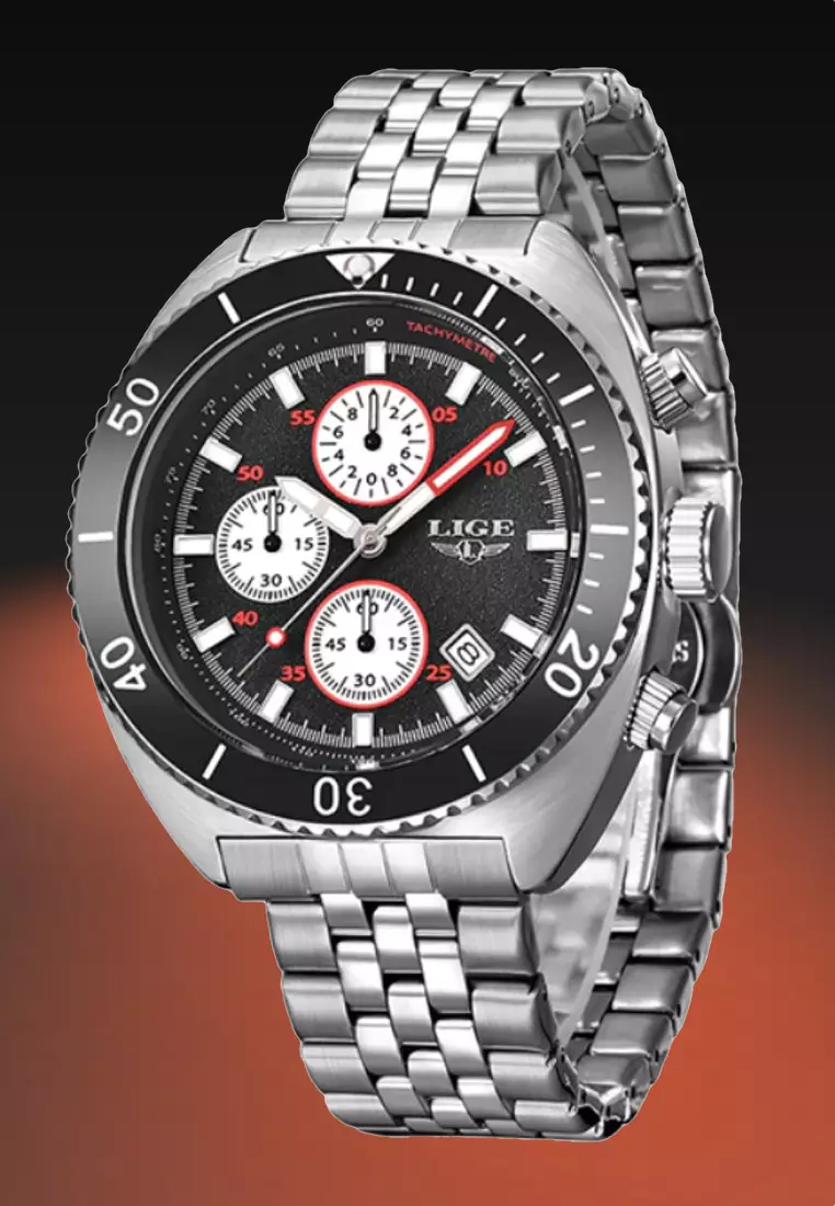 Unisex Chronograph Diver's Stainless Steel Quartz Watch with turning Bezel on Steel Bracelet