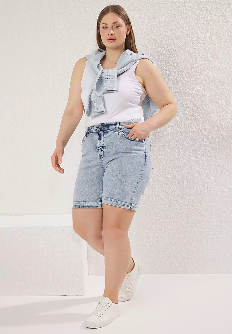 Light Blue High Waist Elastic Denim Plus Size Shorts TBBSS25AP00021