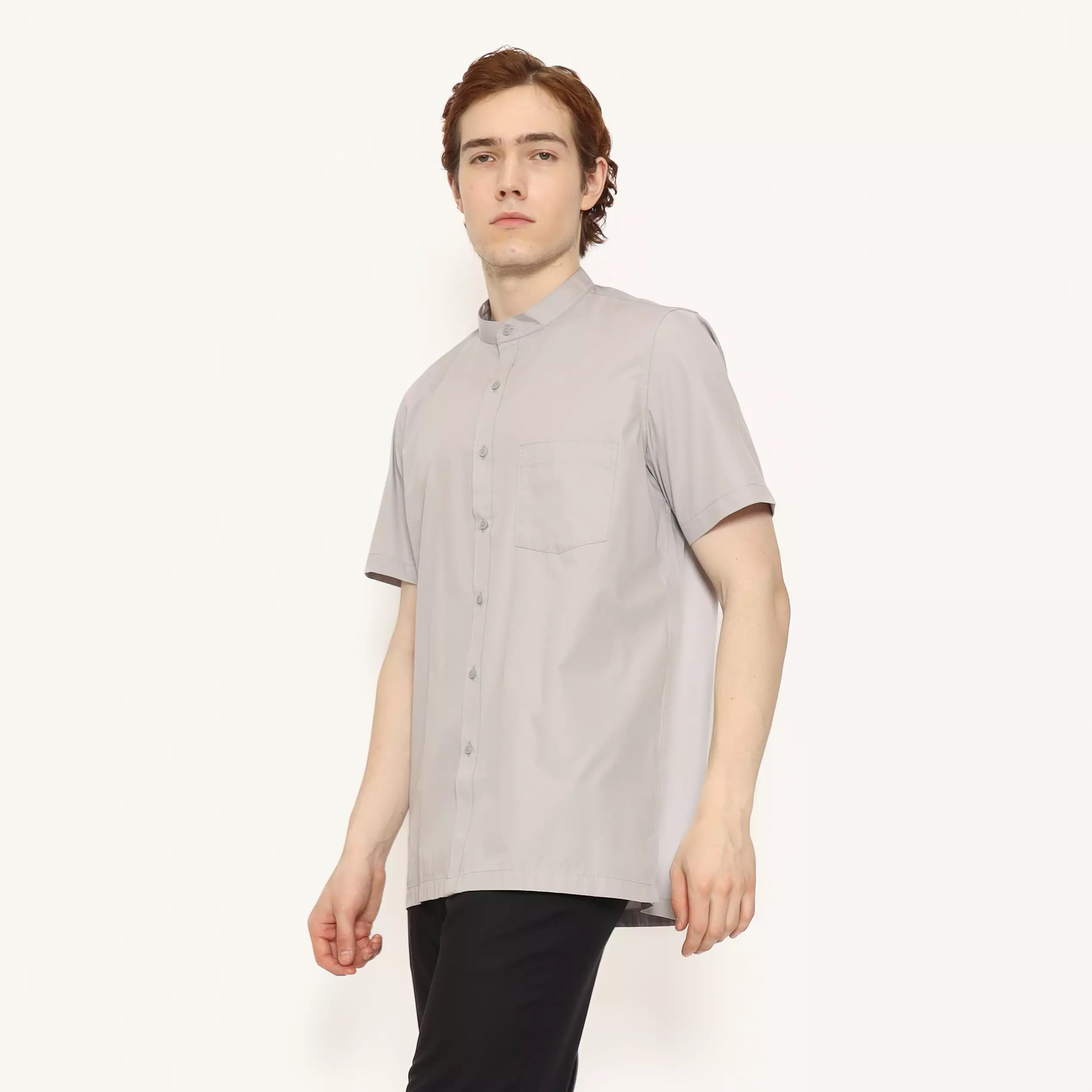LAWELL ALARA-S Baju Koko Pria Lengan Pendek Regular Fit Kerah Mandarin Polyester Cotton Premium Warna Light Grey