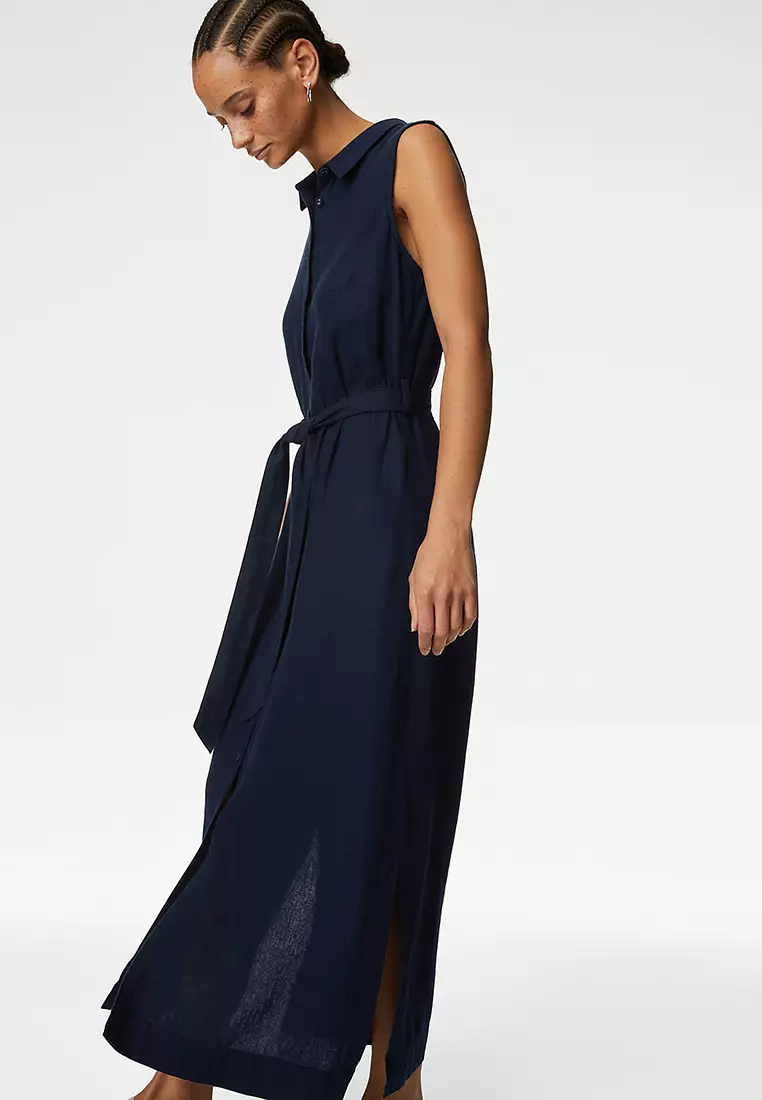 Linen Rich Button Through Midi Shirt Dress