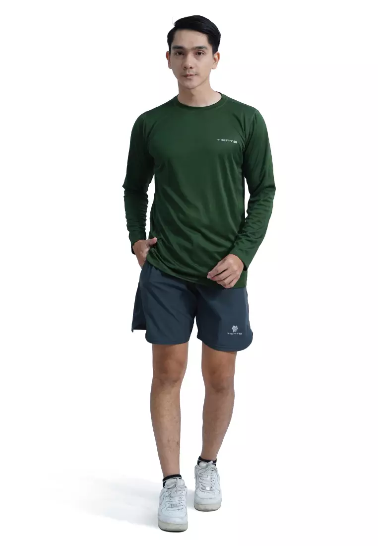 Tiento Kaos Running Dry Fit Lengan Panjang Baju Olahraga Pria Lari Gym Fitness Army