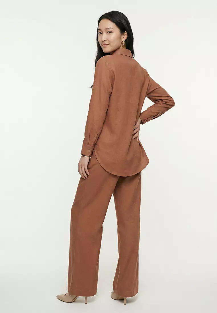 Light Brown Linen Look Mother-of-Pearl Buttoned Woven Bottom-Top Set TCTSS25US00029