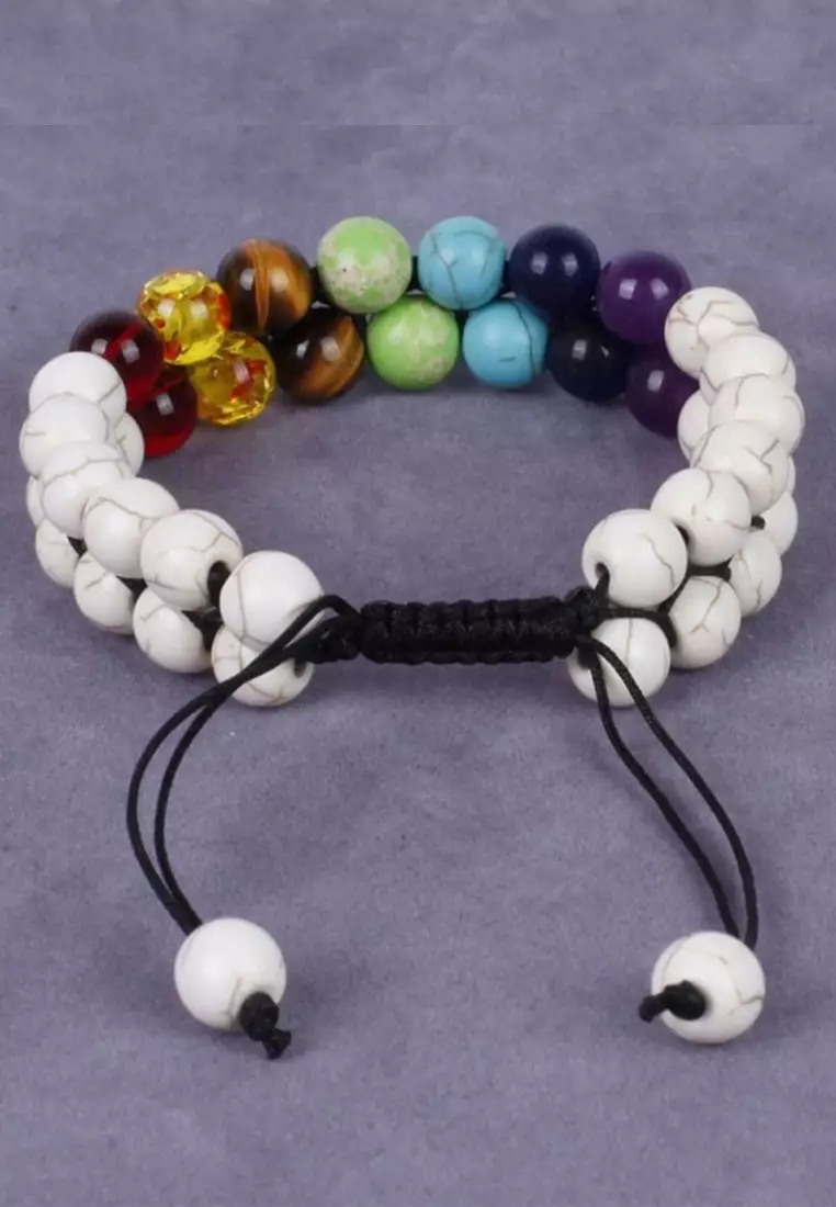 Accessories Pria Chakra Double Layer Multi Coloured Howlite Beads Macrame Bracelet Gelang Pria White & Multicolour
