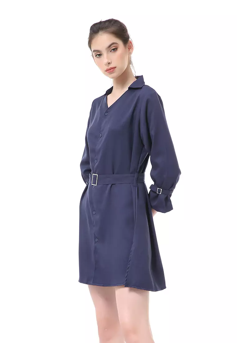 Rachel Dress Wanita Model Kemeja Long Sleeve with Belt Material Mosscrepe ORIGINAL - Navy