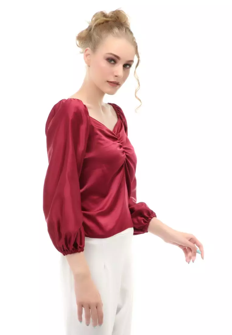 Cheva Blouse Casual Wanita Sabrina Kerut Dada Lengan Panjang Material Satin ORIGINAL - Maroon
