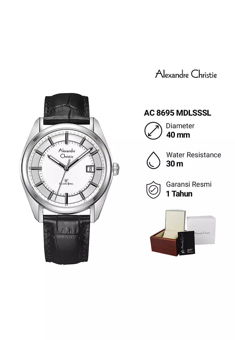 Alexandre Christie Classic Steel - Jam Tangan Analog Pria - Silver Case Black Leather Strap - 8695MDLSSSL
