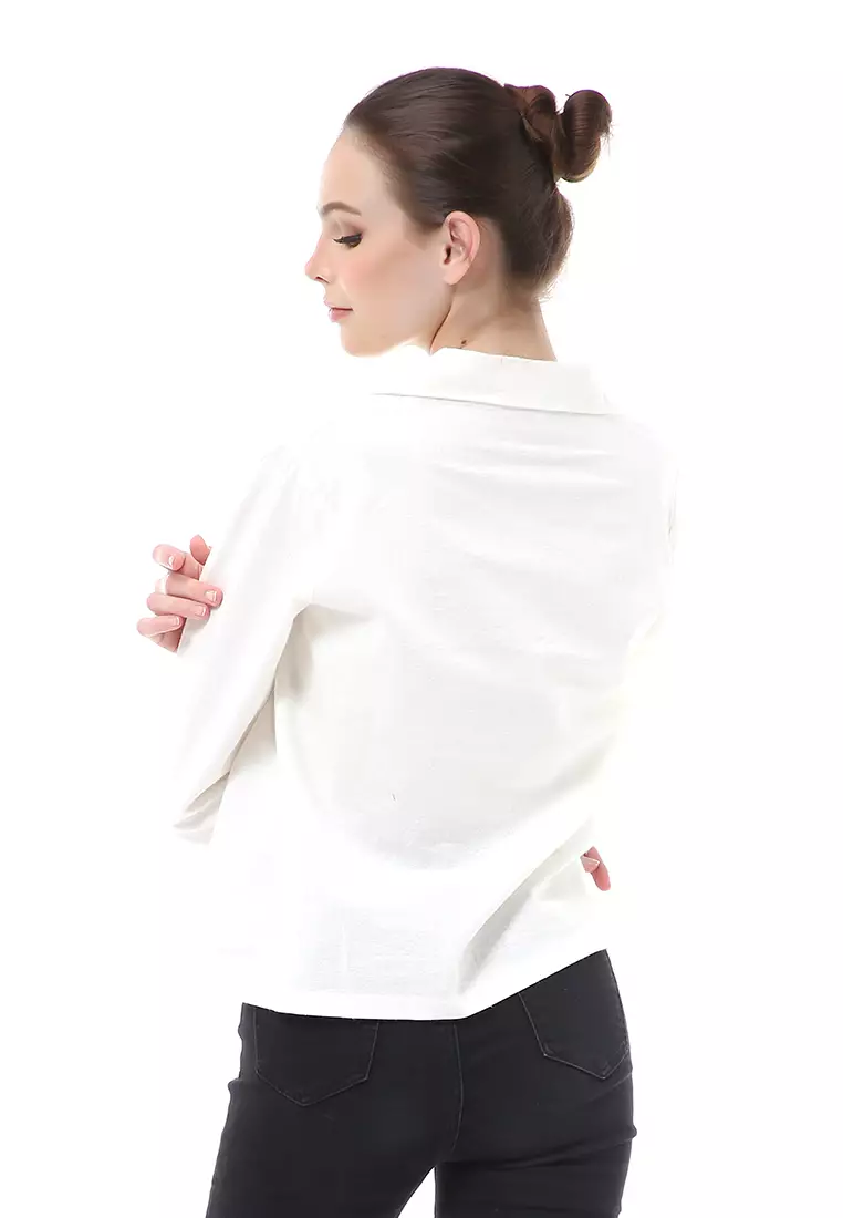 Brielle Atasan Wanita Kemeja Pocket Plain Motive Lengan Panjang Material Linen ORIGINAL - White