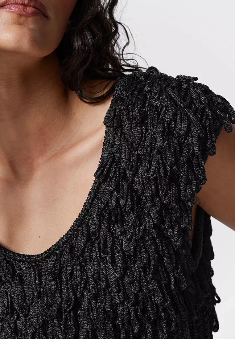 Fringed Rib-Knit Top