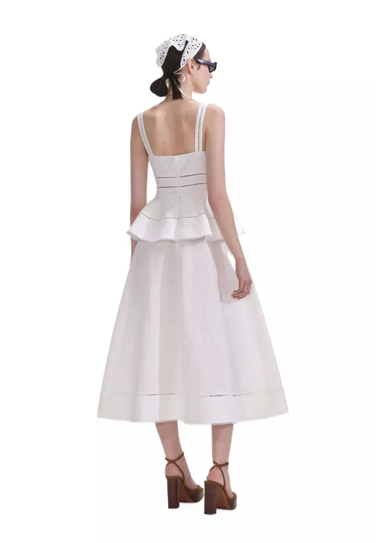 排扣荷葉邊鏤空刺繡吊帶中長連衣裙 CA26022446