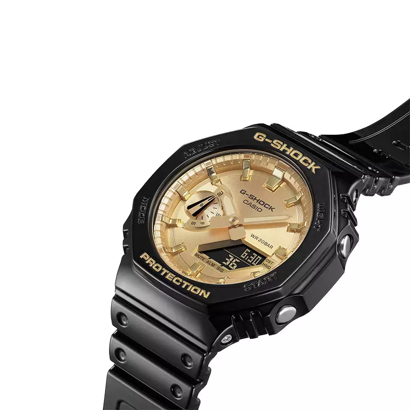 Jam Tangan Pria Casio G-Shock GA-2100GB-1ADR CasiOak Gold And Silver Series Digital Analog Dial Black Resin Band