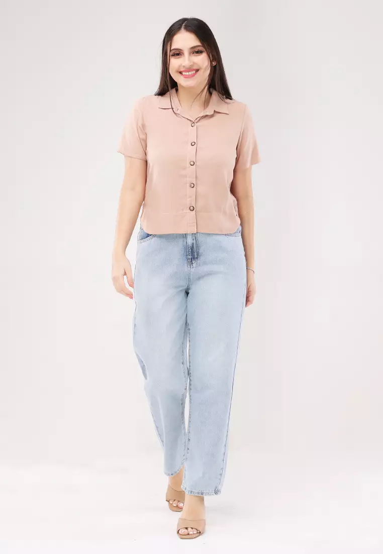 Woven Plain Rayon Short Sleeves Blouse