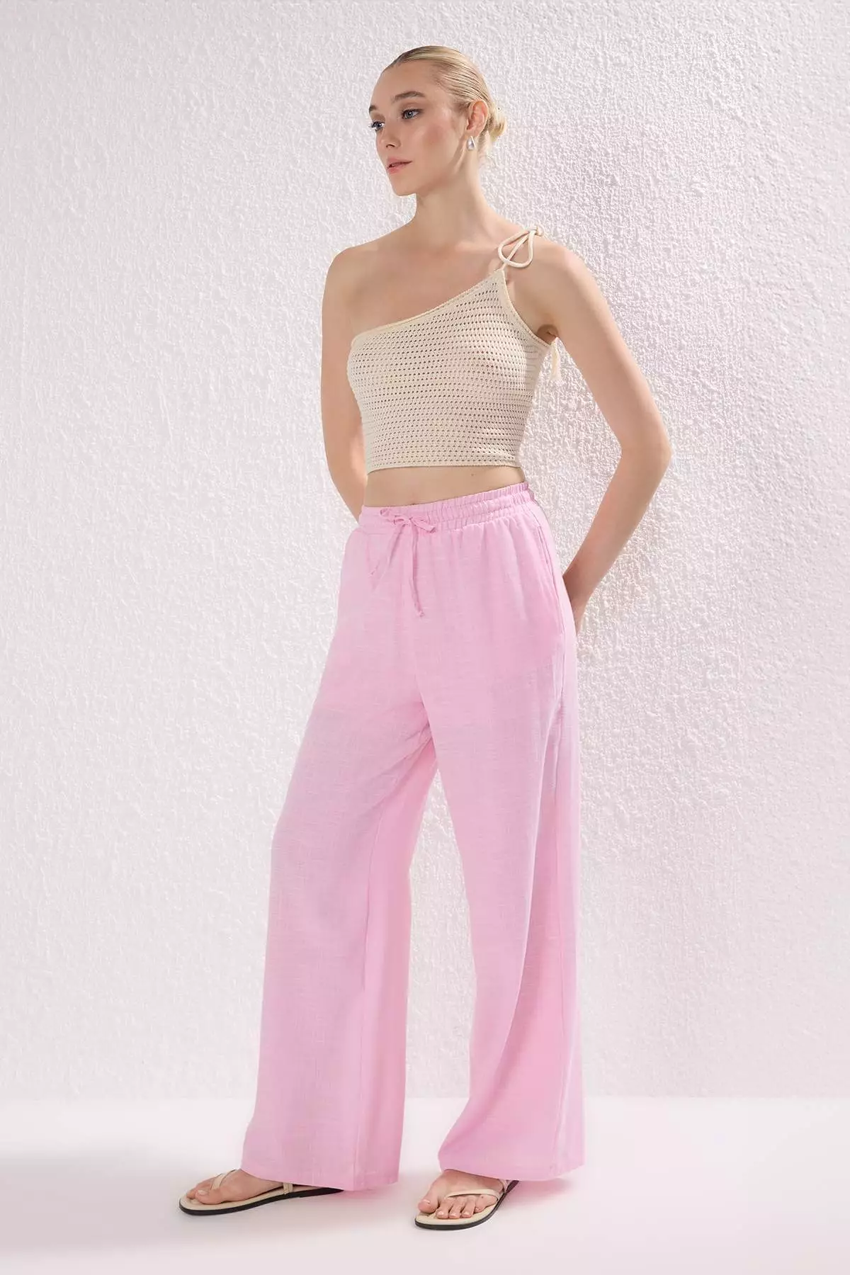 Light Pink Linen Look Wide Leg Shorts Lined Elastic Waist Pants