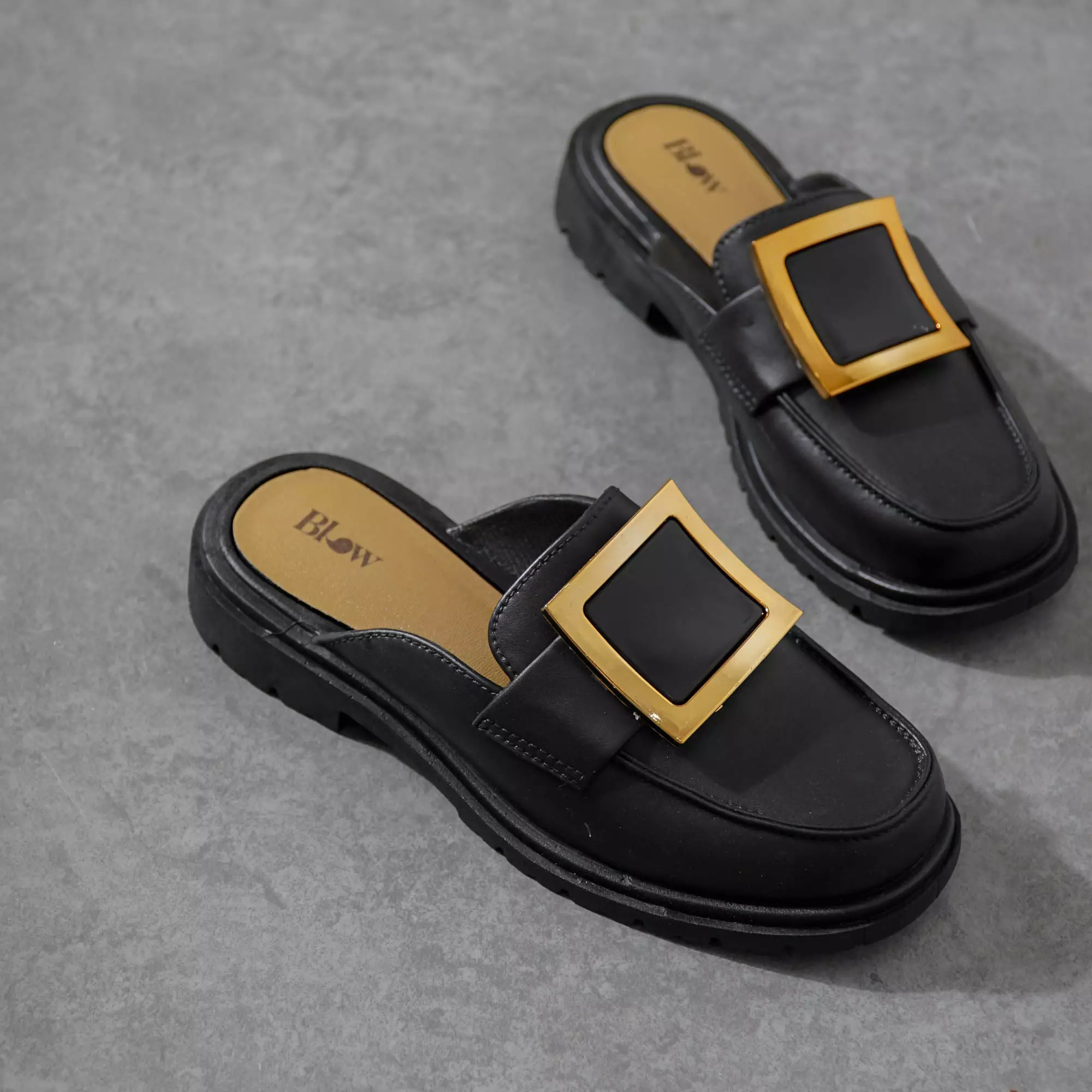 Blow BLWWI 0029 DX-1618 Fiona Mules Sandals Full Rubber Heels 3cm Sepatu Wanita Import Square Buckle