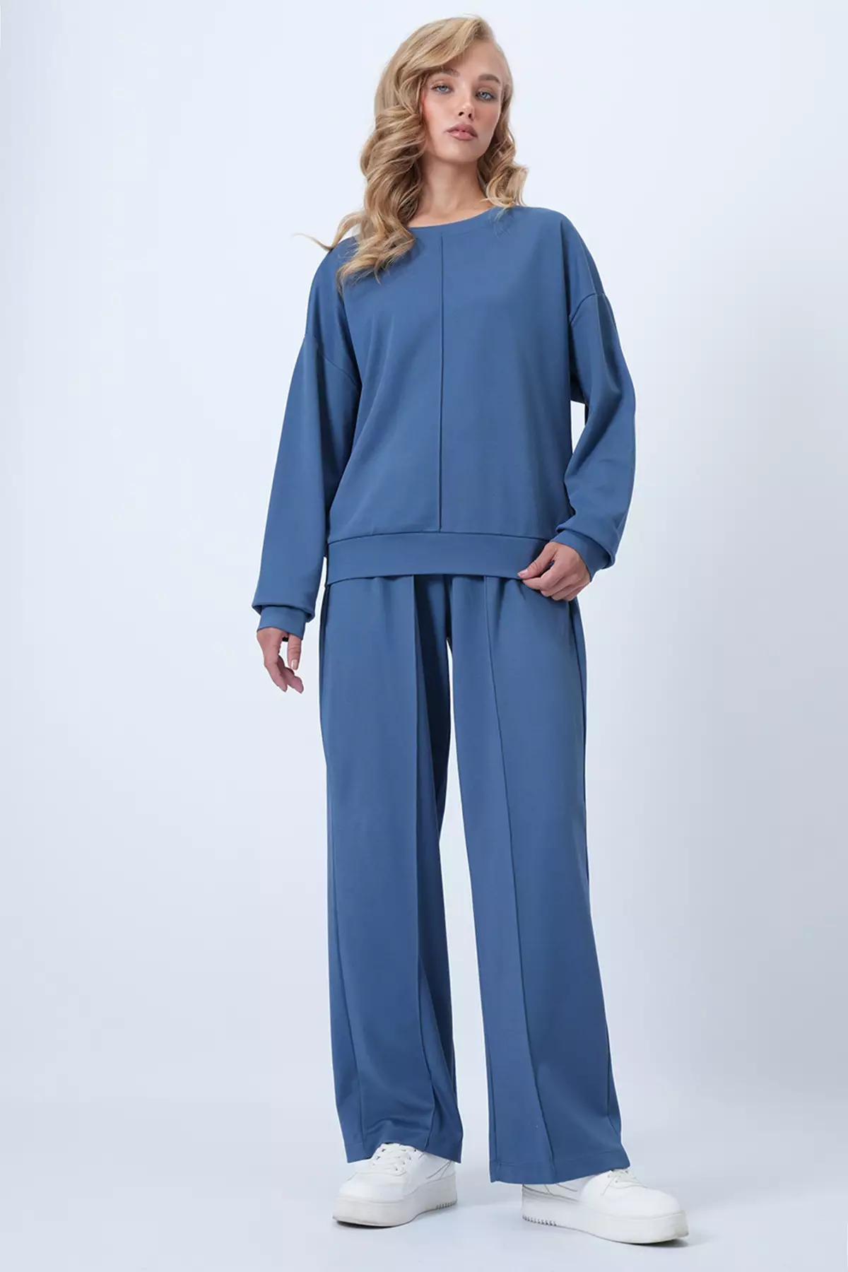 Petrol Blue Crew Neck Ribbed Stitched Blouse And Double Pocket Green Trousers Set Alc-X14543
