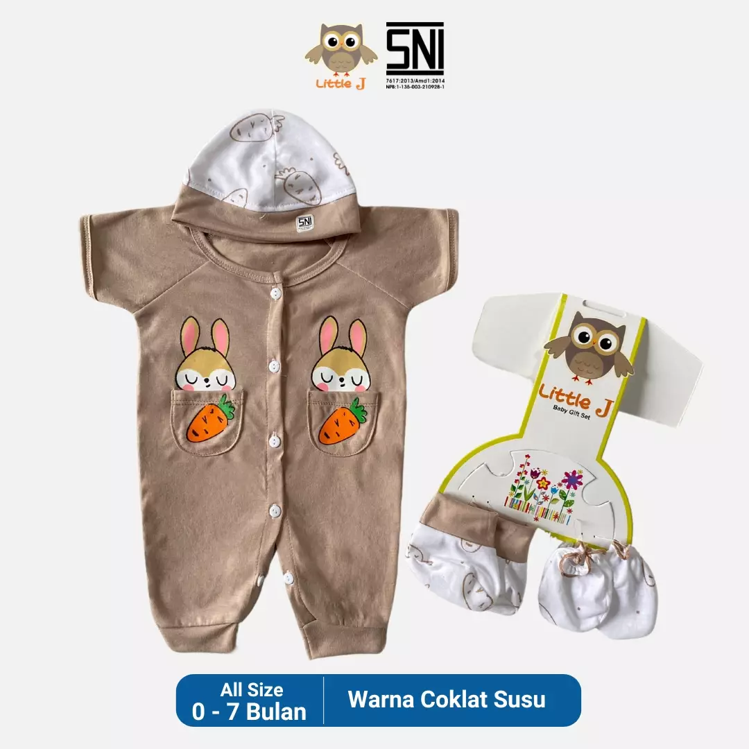 Little J - Bunny Carrot Dusty Blue Jumpsuit -Romper Set Baby 4 in 1 Bayi Laki laki Bayi Perempuan ( Sarung tangan,Sarung Kaki,Topi,Baju)