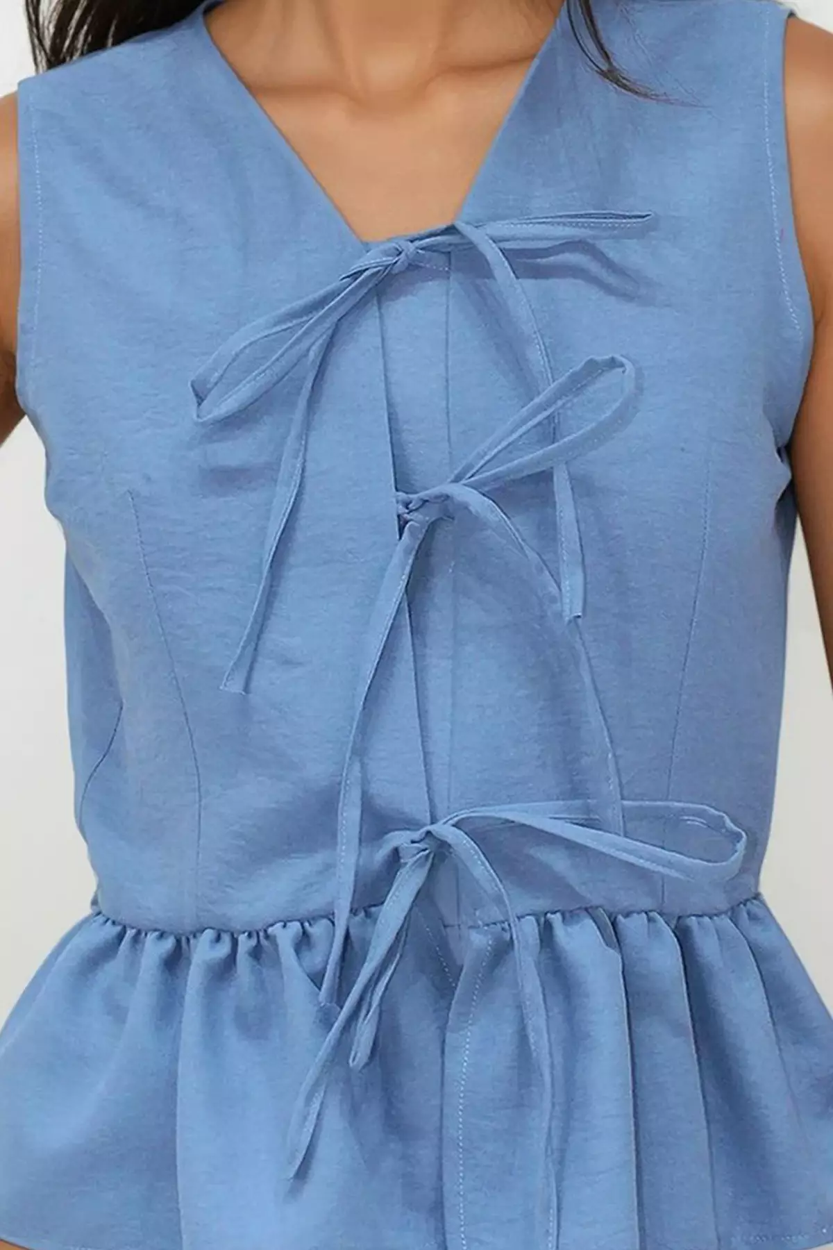 Women's Aviator Blue V-Neck Bow Detailed Flounce Skirt Aerobin Blouse Alc-X14179