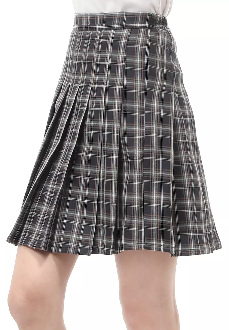 Rok Midi Wanita Motif Tartan Rubbery Waist Design Simple - Black