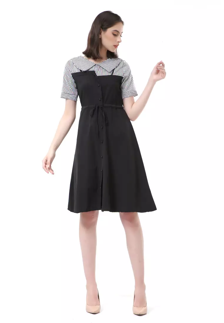 Rachel Midi Dress Wanita Lengan Pendek Vintage Design Tali Pinggang Material Cotton ORIGINAL - Black