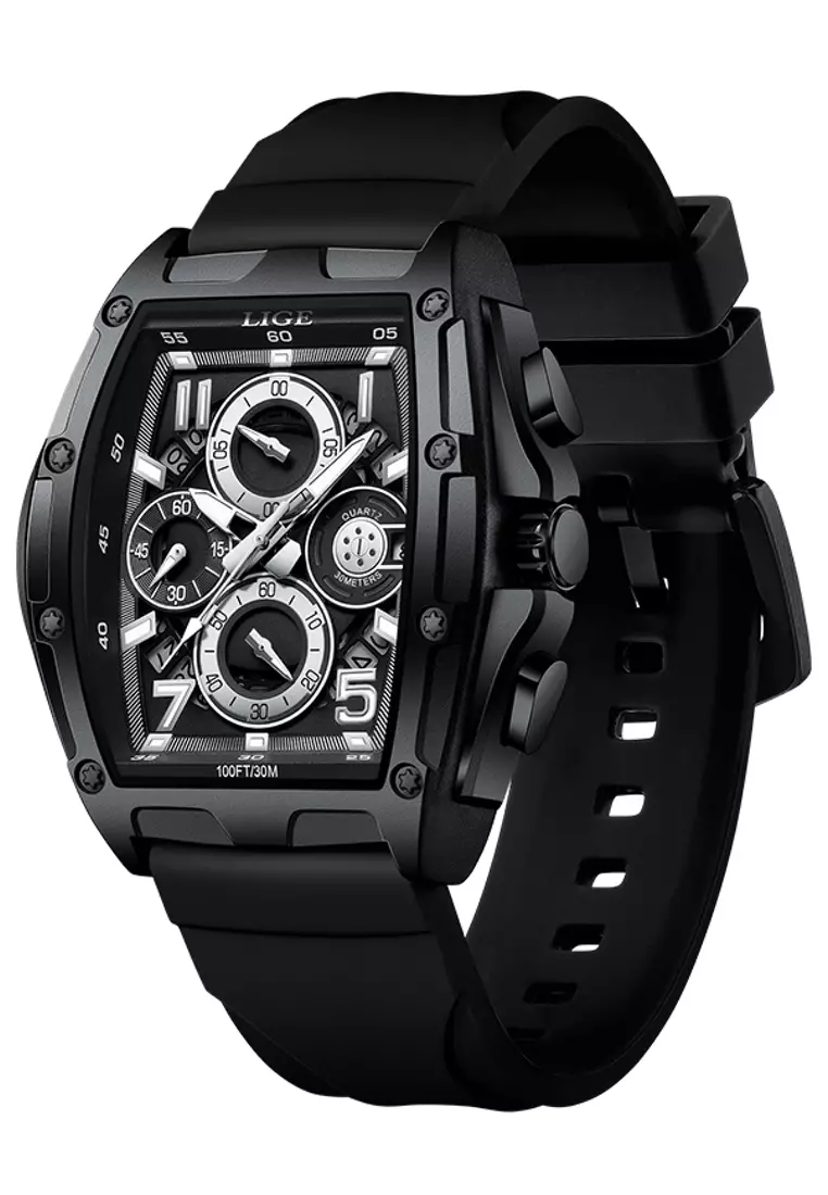 Unisex Tonneau Shaped IP Black Stainless Steel Quartz Watch on Rubber Strap