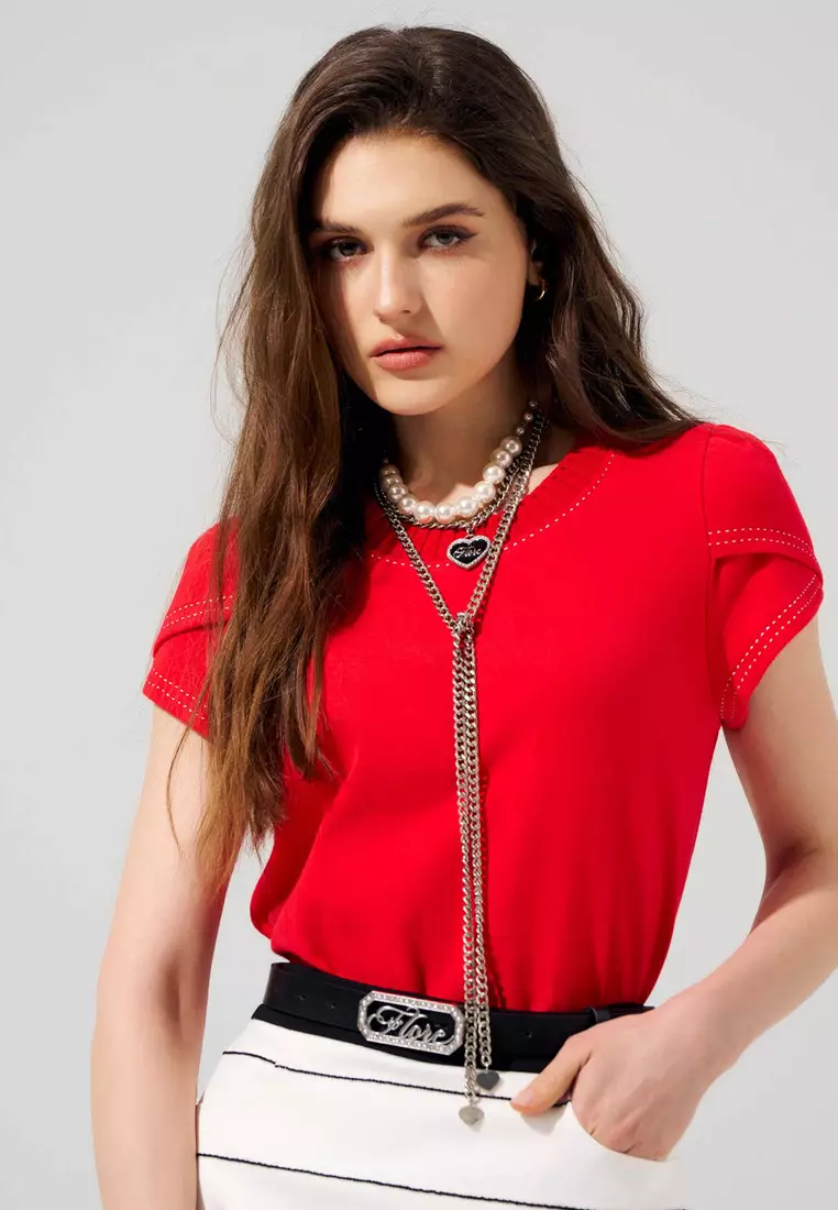 Petal Sleeve Tee With Contrast Stitching Detail