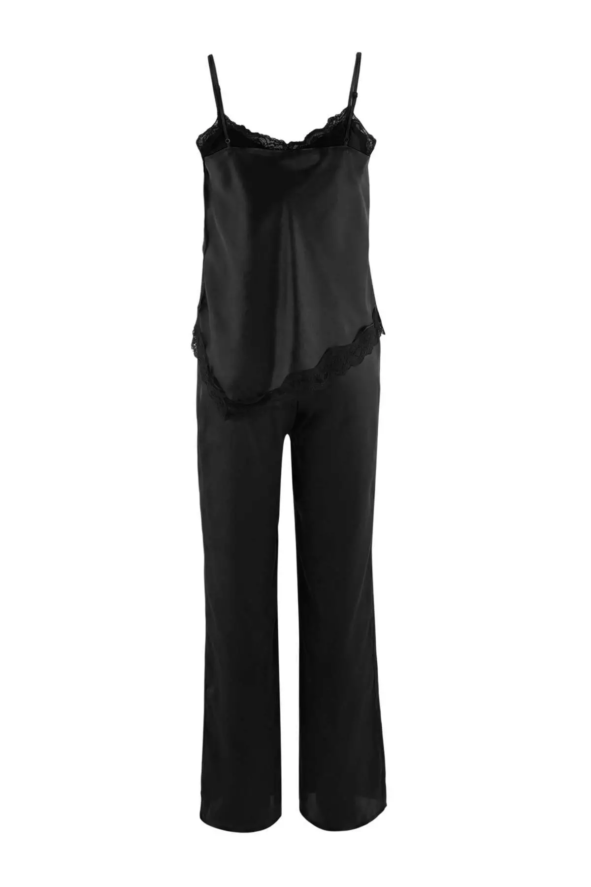 Black Lace Detailed Satin Woven Pajama Set
