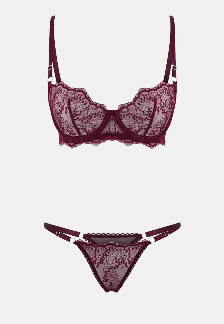 Burgundy Brode Floral Capless Underwear Set Thmss26Cc2
