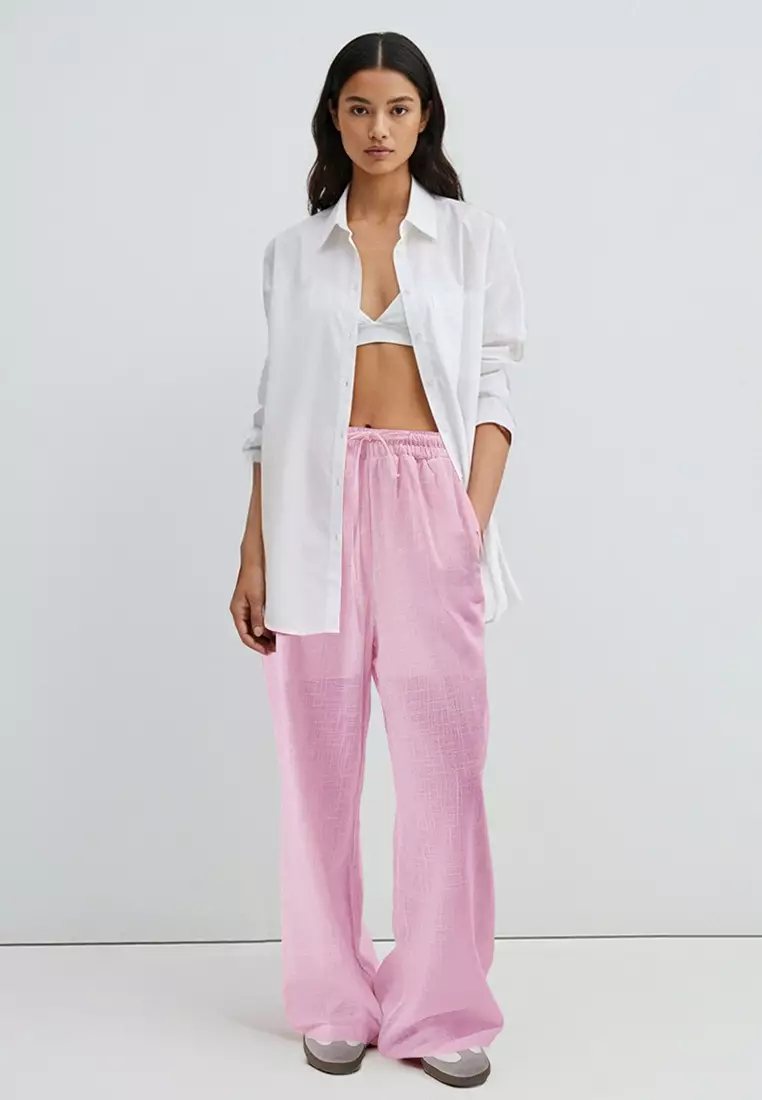 Light Pink Linen Look Wide Leg Shorts Lined Elastic Waist Pants