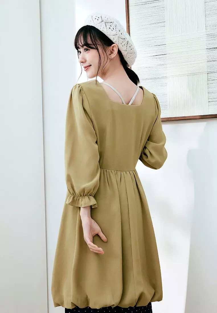 Buy OBSTYLE Japanese-Inspired Lace-Edge Square Neck Ruffled Sleeve Midi ...
