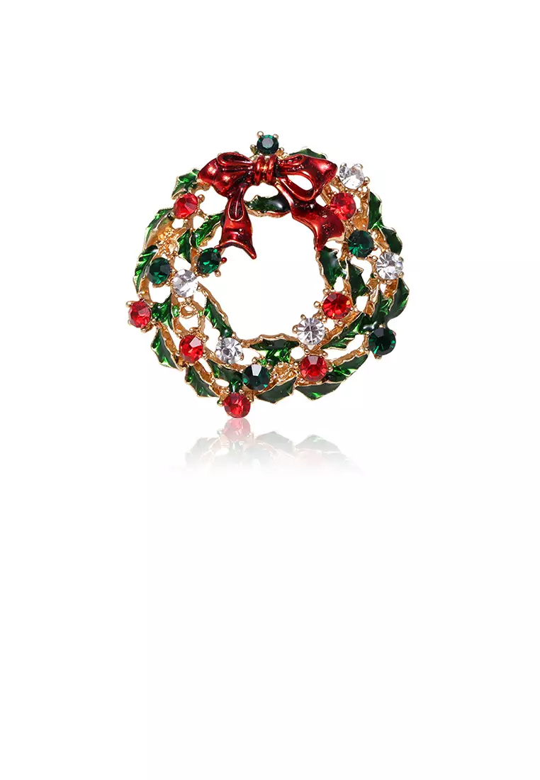 Fashion Creative Plated Gold Christmas Ribbon Wreath Brooch with Cubic Zirconia